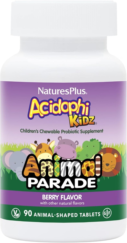NaturesPlus Animal Parade AcidophiKidz, Berry Flavor - 90 Chewable, Animal-Shaped Tabletler - Probiyotikler, FOS & Grape Tohumu - 90 Toplam Hizmetler