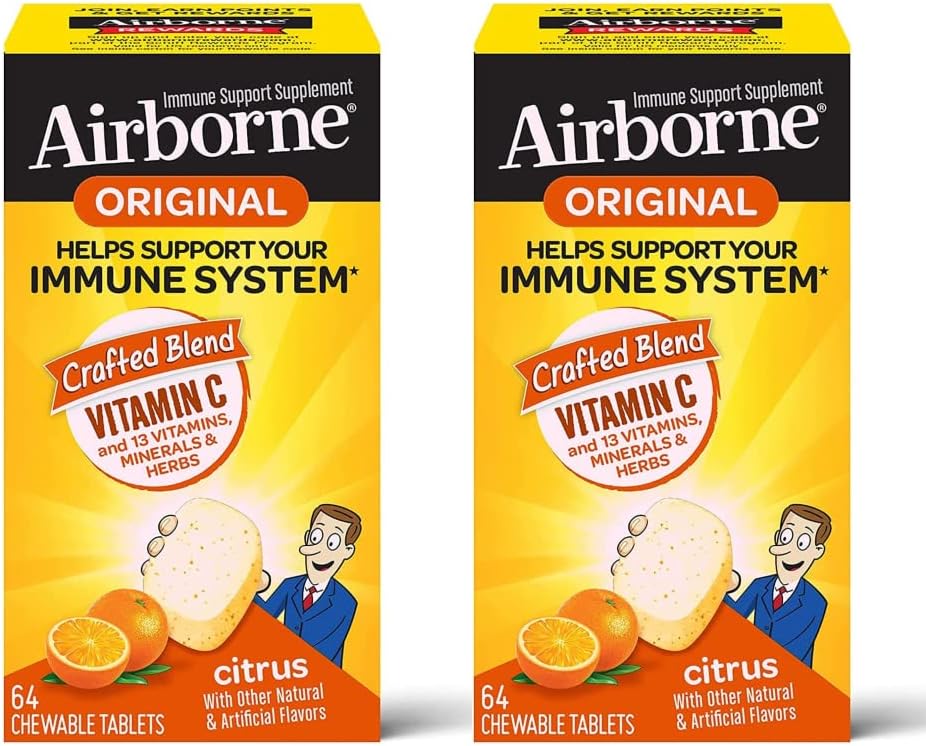 Airborne Vitamin C 1000mg (per Serving) - Citrus Chewable Tablets (64ct/Box), Gluten-Free Immune Support Supplement, Vitamins A C E, ZINC, Selenium, Echinacea, Ginger, Antioxidants (2-Pack)
