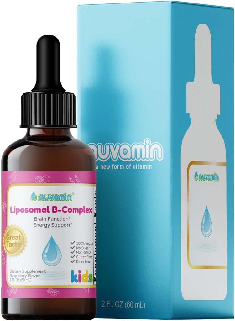 Nuvamin – Liquid Liposomal B-Complex Drops for Kids Baby Toddlers & Adults, 2Fl.Oz (60ml), 120 Daily Serving. B1, B2, B3, B5, B6, B7, B9, B12. Μεγάλη Γεύση - Φυσικό - Υψηλή Απορρόφηση, άρωμα σμέουρων