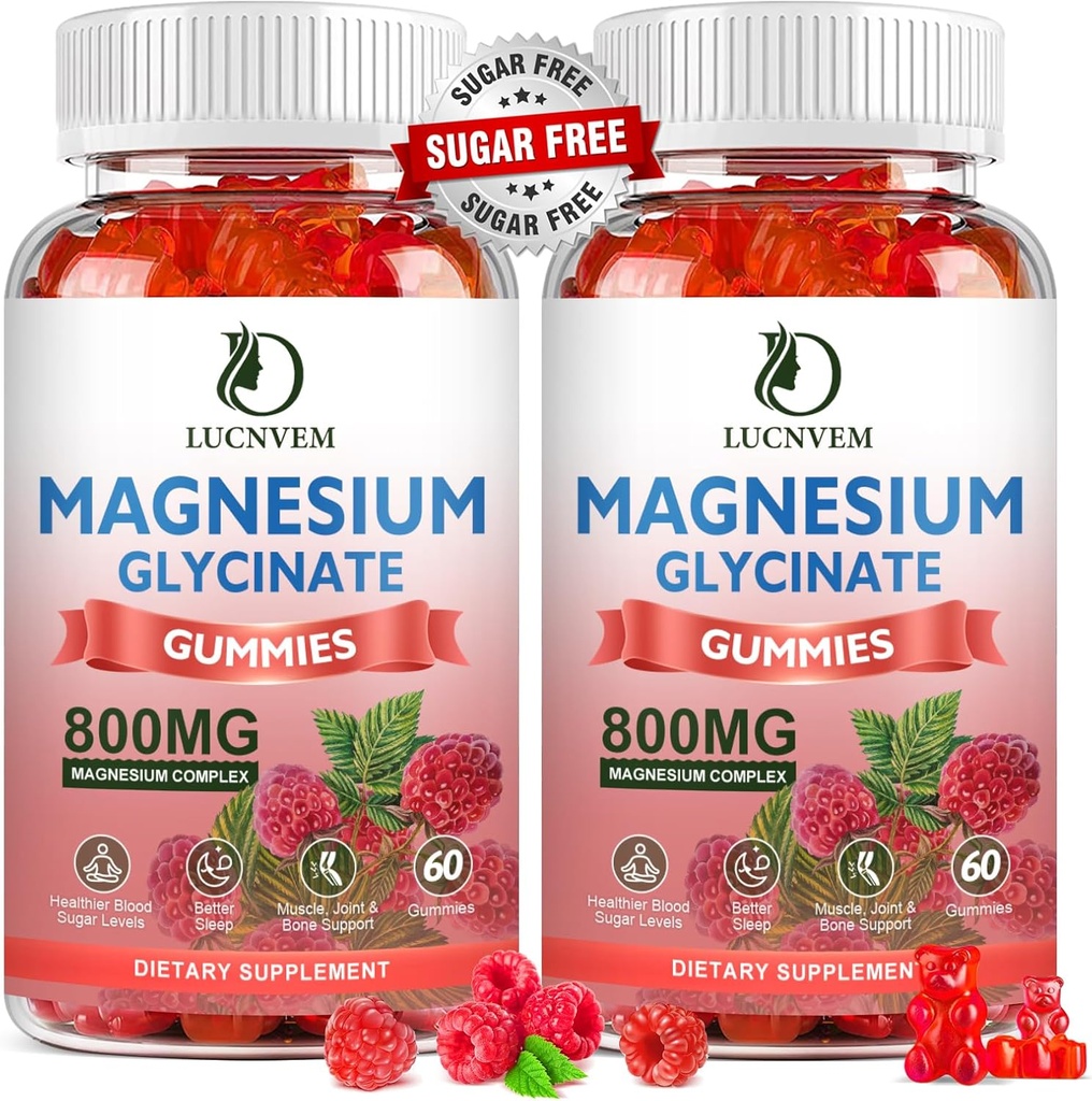 (2 Pack Sugar Free Magnezyum Glycinate Gummies, 500 mg Glycinate with 200 mg Magnezyum Malate, Taurate, Hoffman, COQ10, B6 ve D3, Sleep & Calm Support, 120 Raspberry Gummies