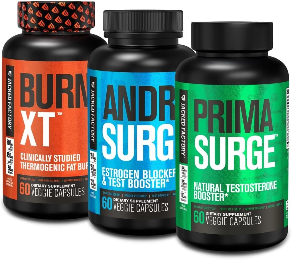 Jacked Factory Androsurge Estrogen Blocker for Men + Primasurge testosteron ATM for Men + Burn XT Burn-XT Thermogenic Fat Burner - Appetite Suppressant için