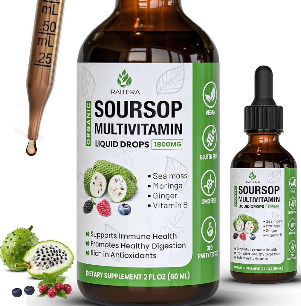 Soursop Graviola Multivitamin Liquid Drops 1800 mg, Organik Soursop Bitters Sıvı, Antioksit Deniz Moss, B6, C, D3, Pure Leaf Extract, Immunity Support, 98 Abxia, Vegan, 2 fl ozzz