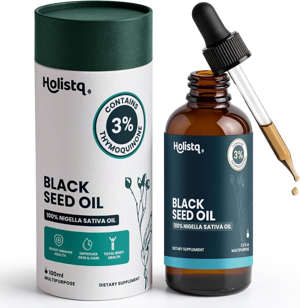 Holistiq Black Seed Oil Organic Cold Pressed Drops | 3% Thymoquinone | Non-GMO & Vegan | Cold Pressed Black Cumin Nigella Sativa Oil for Immune Support, Aceite de Comino Negro - Drops, 100 mL
