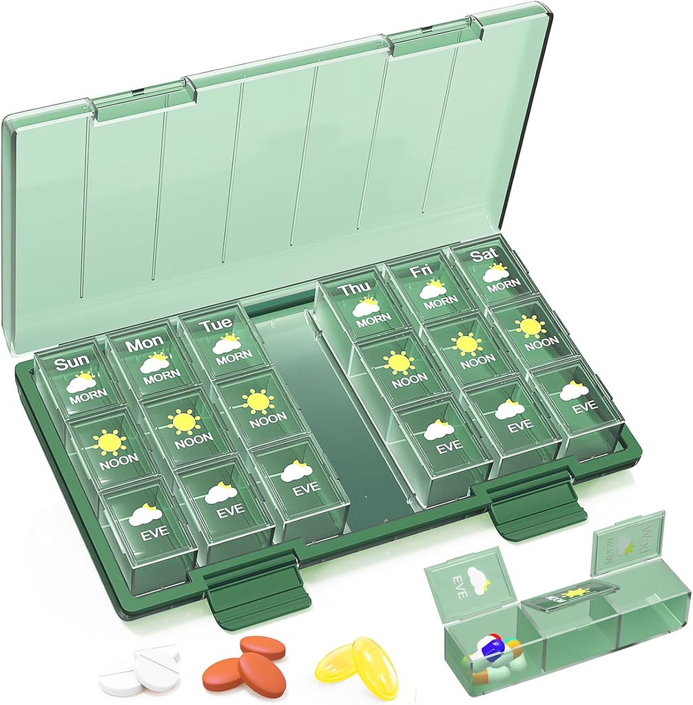 Medilax Weekly Pill Organizer 3X την ημέρα, Portable Pill Box 7 Day Easy to Use, Daily Pill Case for Travel with Triple Protection, Pill Containers for Vitamins/medication/Supplements, Green