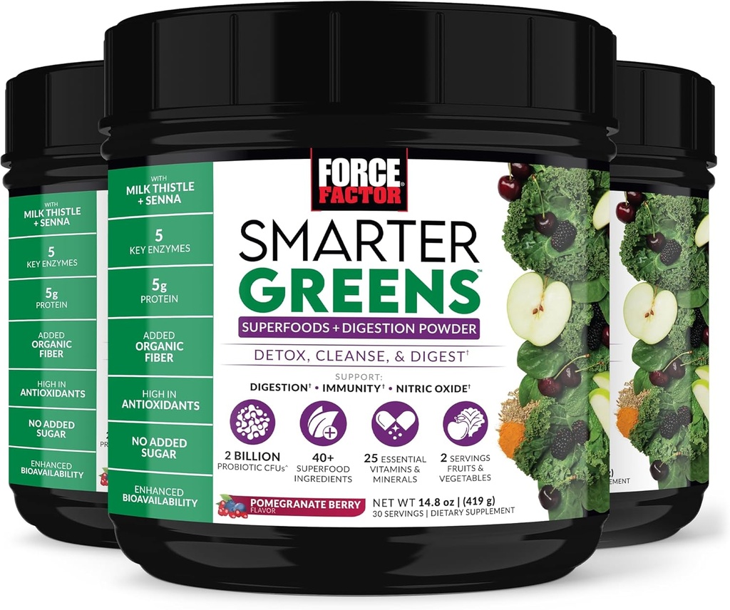 Force Factor Smarter Greens Superfoods + Digestion Powder, 3-Pack, Greens Powder with 2 Billion Probiotics, Digestive Enzymes, and Antioxidants to Detox, Cleanse, and support Immunity, 90 Services