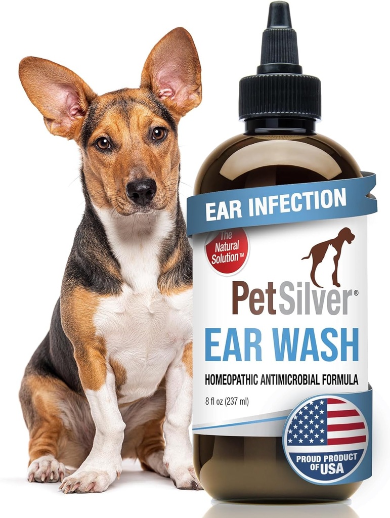 PetSilver Dog Ear Cleaner Solution – Πλύσιμο Απαλού Αυτιού για Σκύλους και Γάτες με Χηλικό Ασημί – Otic Rinse Formula Targets Wax Buildup, Smirly Odor, and Ichy or Irritated areas - Made in USA - 8 fl oz