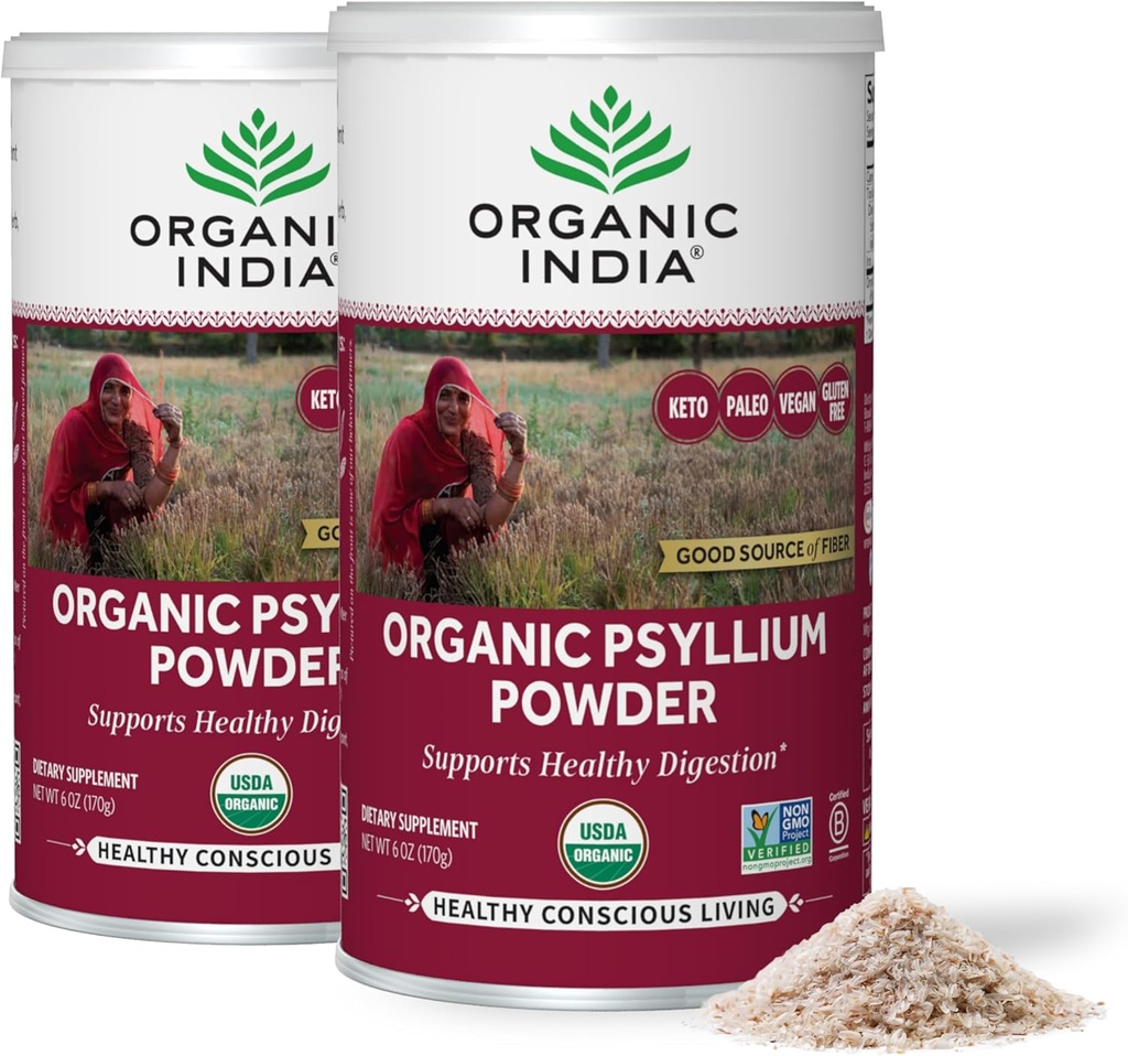 Οργανική σκόνη ORGANIC INDIA Psyllium - Συμπλήρωμα Ψυλλίου λεπτού κόκκους, Υποστήριξη πέψης, Vegan, Χωρίς γλουτένη, Μη ΓΤΟ, Πηγή Ίνες - 6 oz (Pack of 2)