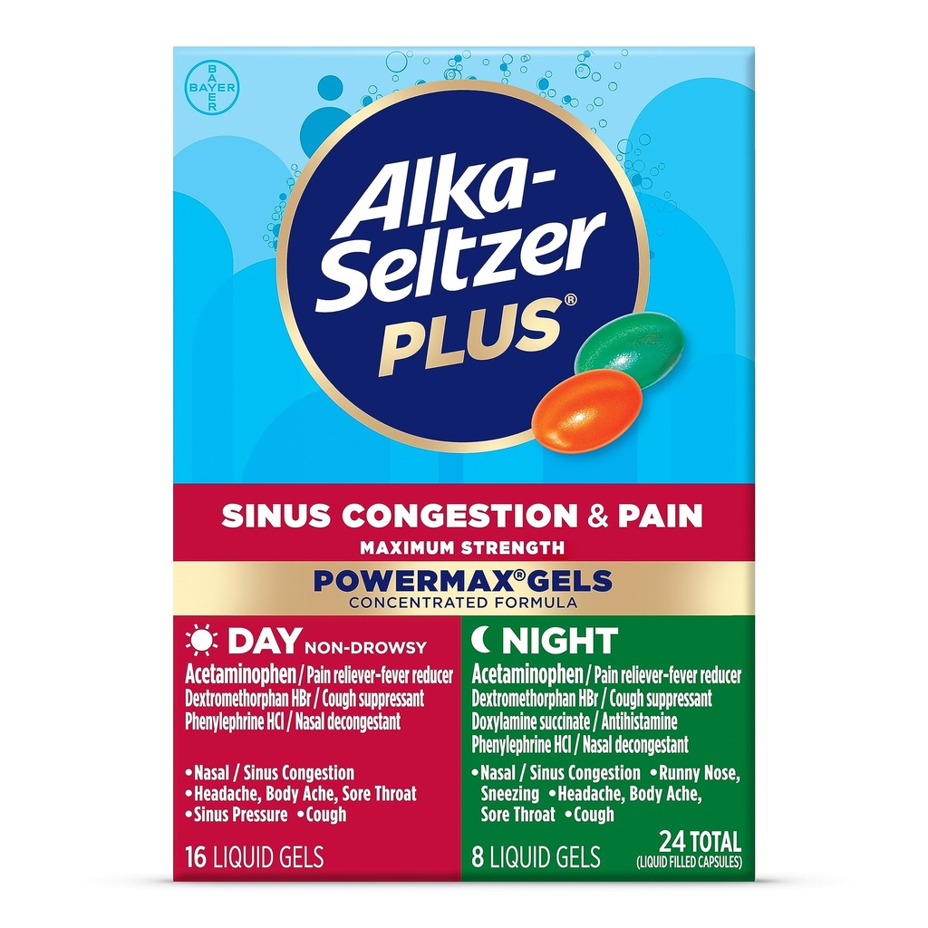 Alka-Seltzer Plus Maksimum Kuvvet GücüMax Sinus Congestion & Pain Medicine, Day + Night Liquid Gels - Cold and Flu için Güçlü Bir Yardım, + Sinus Yetişkinler ve Çocuklar için Katkı 12++ Yıl, 24 Kont