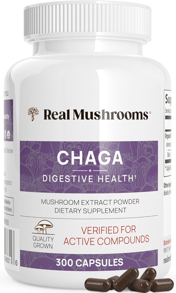 Real Mushrooms Chaga Mushroom Capsules - Organik Chaga, Tozu Wellness & Enerji Desteği için Dönüştürme Tozu – Vegan, Non-GMO, 300 Capsules – Organik Mushroom Supplement