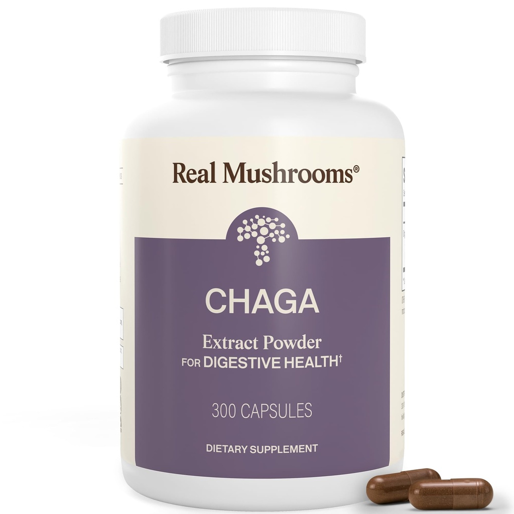 Real Mushrooms Chaga Mushroom Capsules - Organik Chaga, Tozu Wellness & Enerji Desteği için Dönüştürme Tozu – Vegan, Non-GMO, 300 Capsules – Organik Mushroom Supplement