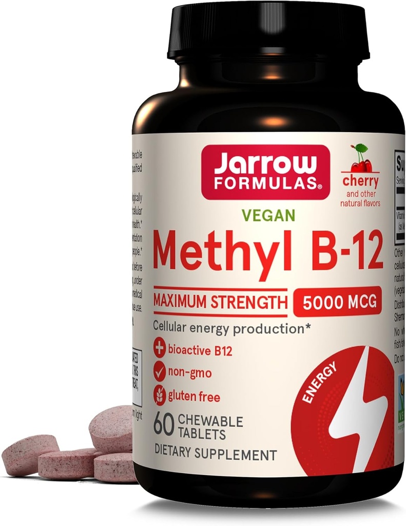 Jarrow Formulas Me-12 5000 mcg - 60 Chewable Tabletler, Cherry - Bioaktif Vitamin B12 - Enerji Üretimi, Beyin Sağlığı ve Metabolism - Gluten Ücretsiz - 60 Hizmet - 60 Hizmet