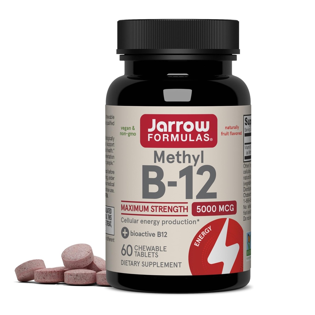 Jarrow Formulas Me-12 5000 mcg - 60 Chewable Tabletler, Cherry - Bioaktif Vitamin B12 - Enerji Üretimi, Beyin Sağlığı ve Metabolism - Gluten Ücretsiz - 60 Hizmet - 60 Hizmet