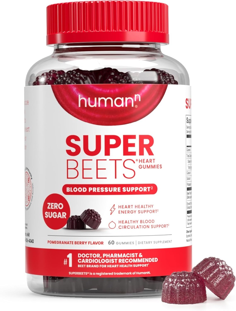 HumanN SuperBeets Heart Gummies - Beet Gummy with Energy Support, Grape Seed Extract & Beetroot Toz, Sugar Free - Pomegranate Berry Flavor, 60 Count Count Count Count