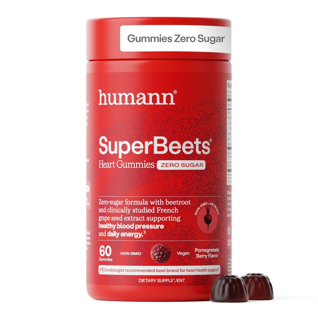 HumanN SuperBeets Heart Gummies - Beet Gummy with Energy Support, Grape Seed Extract & Beetroot Toz, Sugar Free - Pomegranate Berry Flavor, 60 Count Count Count Count