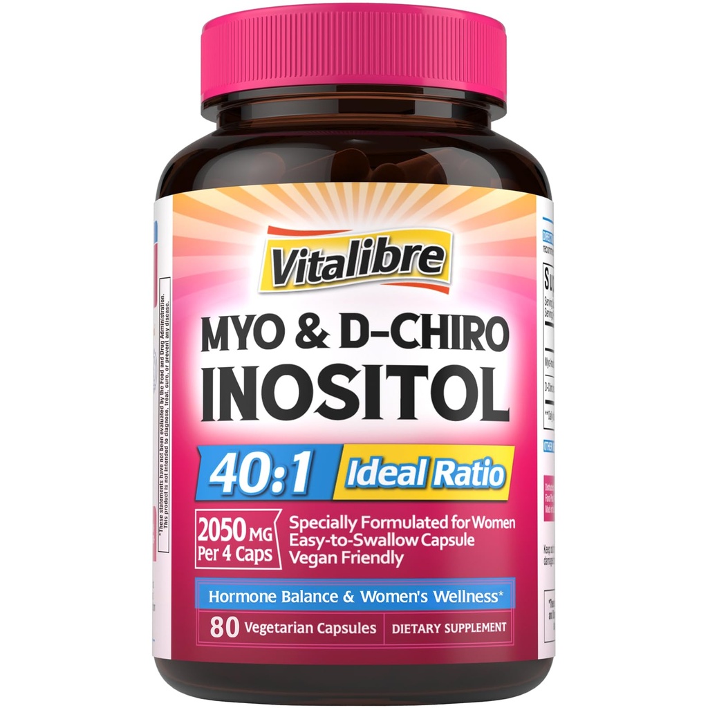 Inositol Supplement, Myo-Inositol & D-Chiro Inositol Fertness Supplements for Women, 40:1 Ideal Oran, Hormon Dengesi ve Ovarian Desteği, 80 Vegan Capsules