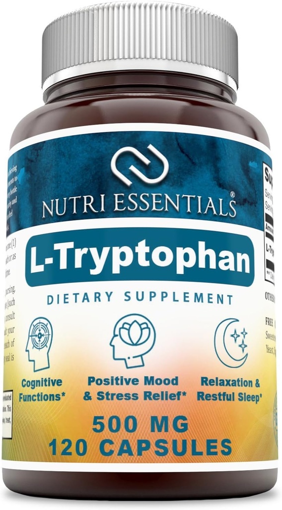 Συμπλήρωμα διατροφής L-Tryptophan - Φυσικά συμπληρώματα ύπνου με 500 mg ελεύθερης μορφής L Tryptophan - Κυκλοφορία & Ανοσολογική Υποστήριξη 120 κάψουλες