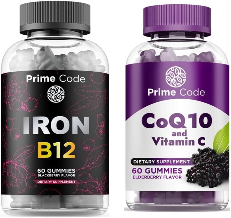 B12 Vitamini olan Kadınlar ve Erkekler için Prime Code Iron Gummies, [2 in 1] CoQ10 200 mg & Vitamin C 250 mg Gummies