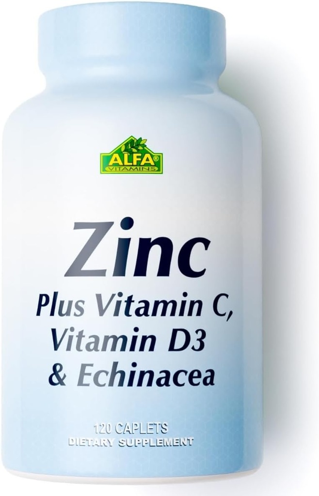 ALFA VITAMINS ψευδάργυρος + βιταμίνη C, D3 & Echinacea συμπληρώματα, ανοσοποιητική φόρμουλα υποστήριξης με ενισχυμένη απορρόφηση, υποστηρίζει την υγεία των οστών, ανοσοποιητική λειτουργία, και αντιοξειδωτική προστασία, 120 Caplets