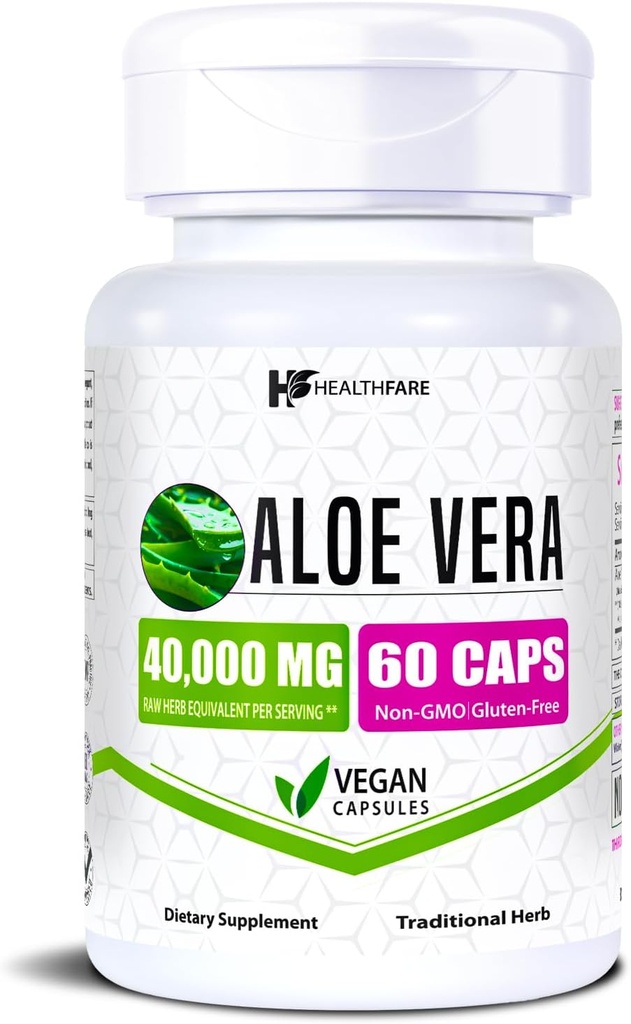 Healthfare Aloe Vera Capsules 40.000 mg | 60 Vegan Pills | İç Yaprak Kuru Vera Ekstraksiyon Tamam | Gut Health & Digestive Support | Non-GMO, Gluten-Free | Made in USA