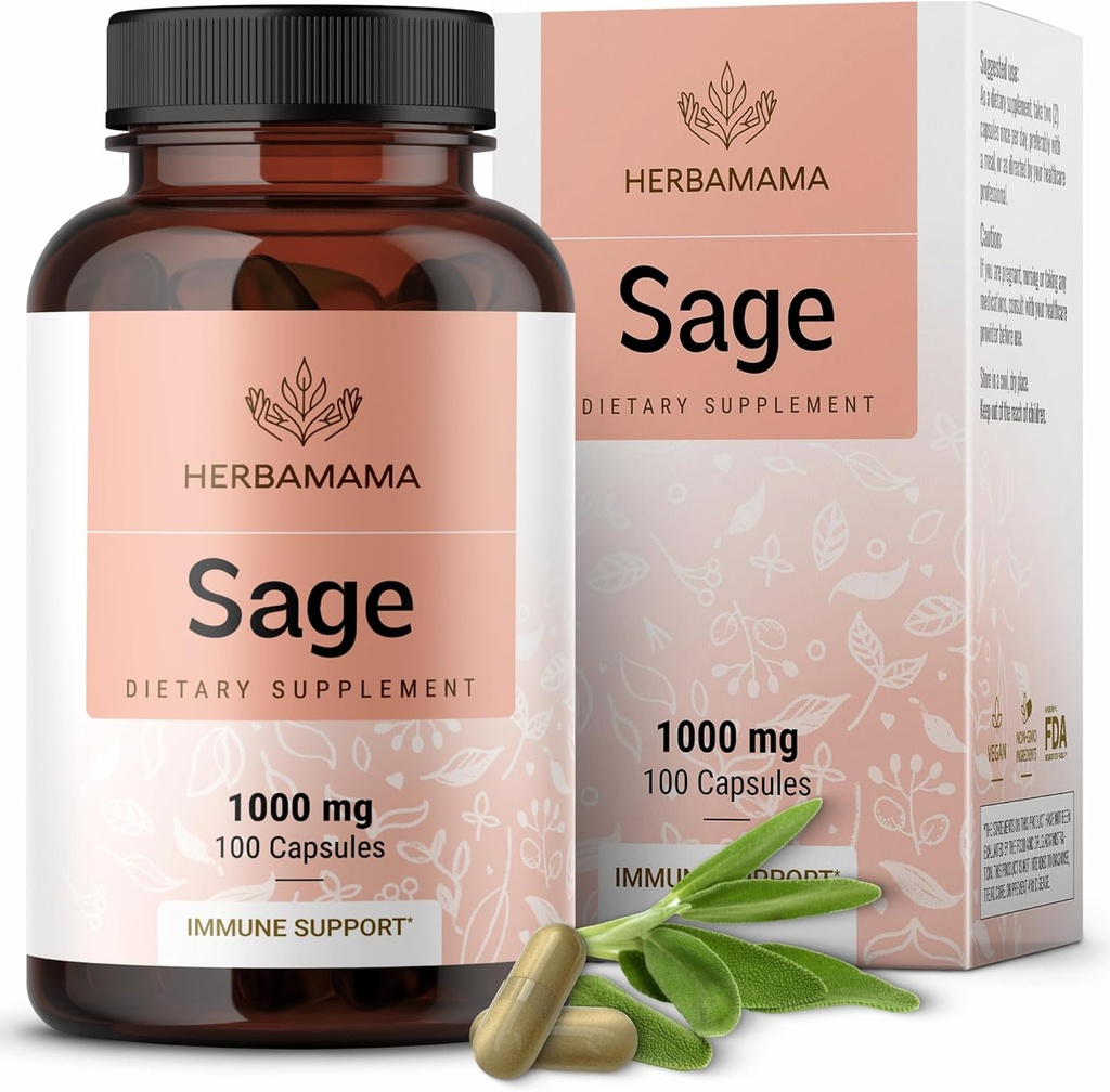 HERBAMAMA Sage Capsules - 1000 mg Natural Digestive & Immune Support - Sage Leaves for Brain Clarity - Vegan, Non-GMO Salvia Officinalis Antioksi Supplement