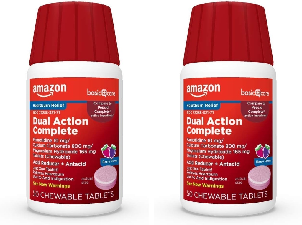 Temel Bakım Dual Action Tamam, Chewable Acid Function Plus Antacid Tabletleri, Berry Flavor, Kalpburn Tıp, Asit Indigestion Relief, 50 Count (Pack of 2)
