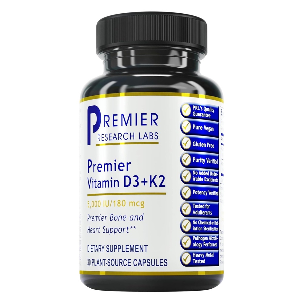 Premier Research Labs: Βιταμίνη D3 + K2 Συμπληρώματα - για την υποστήριξη των οστών και την προώθηση της υγείας της καρδιάς, χωρίς γλουτένη - 5000 IU Vegan Συμπληρώματα - Ελεγχόμενη ποιότητα 
