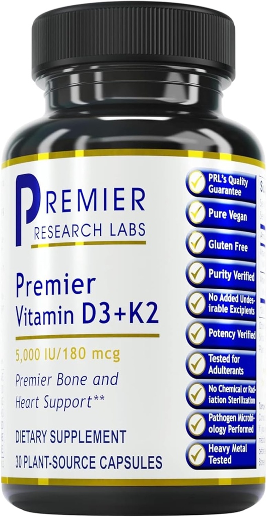 Premier Research Labs: Vitamin D3 + K2 Supplements - Bone Support and Supports Heart Health, Gluten-Free - 5000 IU Vegan Supplements - Tested Quality | 30 Plant-Kaynak bazlı Capsules