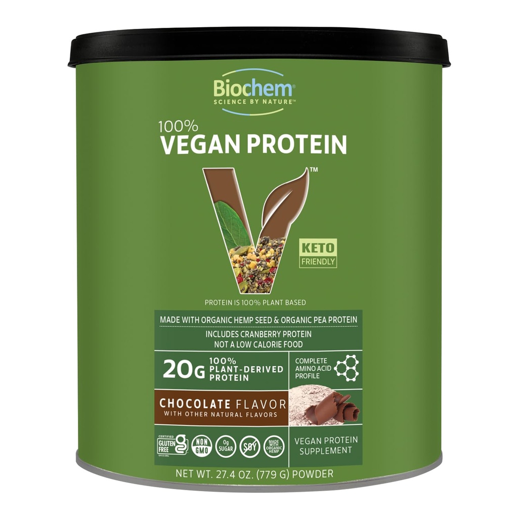 Biochem 100% Vegan protein, Doğal Amino Asitler, Gluten Free, Keto, Whey, Pea & Hemp Protein Tozu Kadınlar ve Erkekler için, 24 Hizmetler 2 LB (Chocolate)