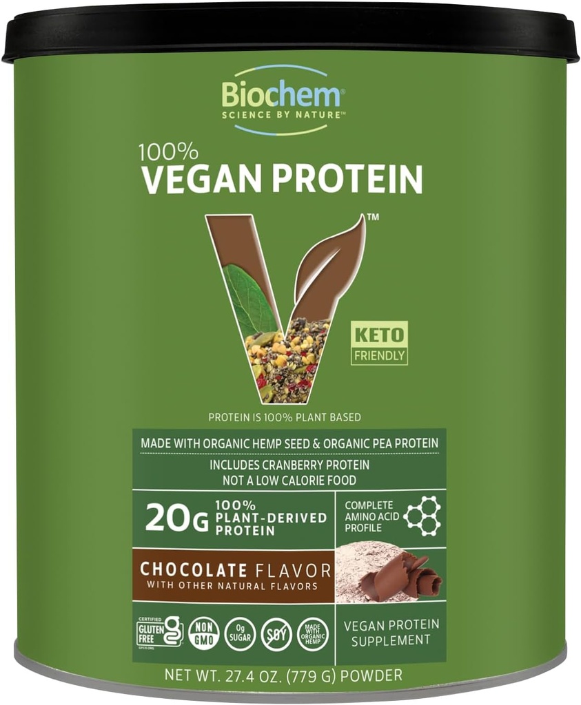 Biochem 100% Vegan protein, Doğal Amino Asitler, Gluten Free, Keto, Whey, Pea & Hemp Protein Tozu Kadınlar ve Erkekler için, 24 Hizmetler 2 LB (Chocolate)