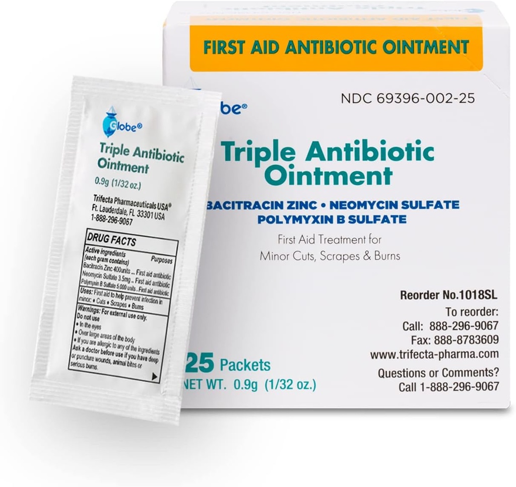 Globe (25 Pack Triple Antibiyotik Ointment Single Packet, First Aid Kit for Minor Lightses, Yaras, Cuts, and Burns, Engeller, Aktif Malzemeler Markaya Karşı Karşılaştırma, Seyahat Boyut, 0.9g