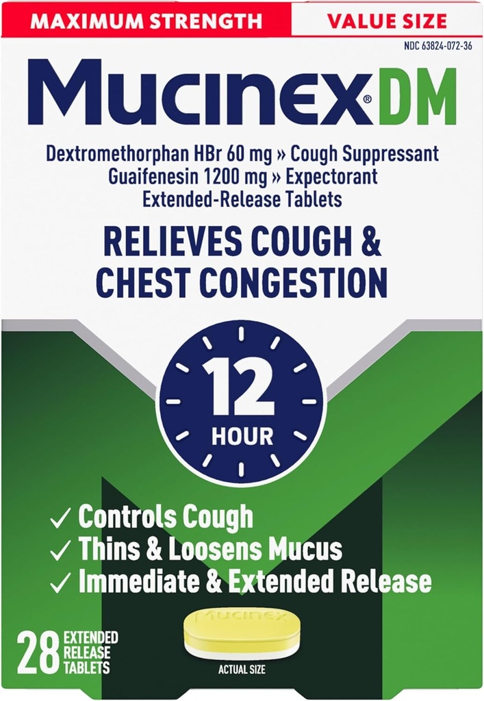 Mucinex Cough Suppressant ve Beklentileri, DM En Güçlü 12 Saat Tabletleri, 28ct, 1200 mg Guaifenesin, Relieves Chest Congestion, Sessizler Wet ve Kuru Cough, #1 Doktor Önerilen OTC Bekleyici