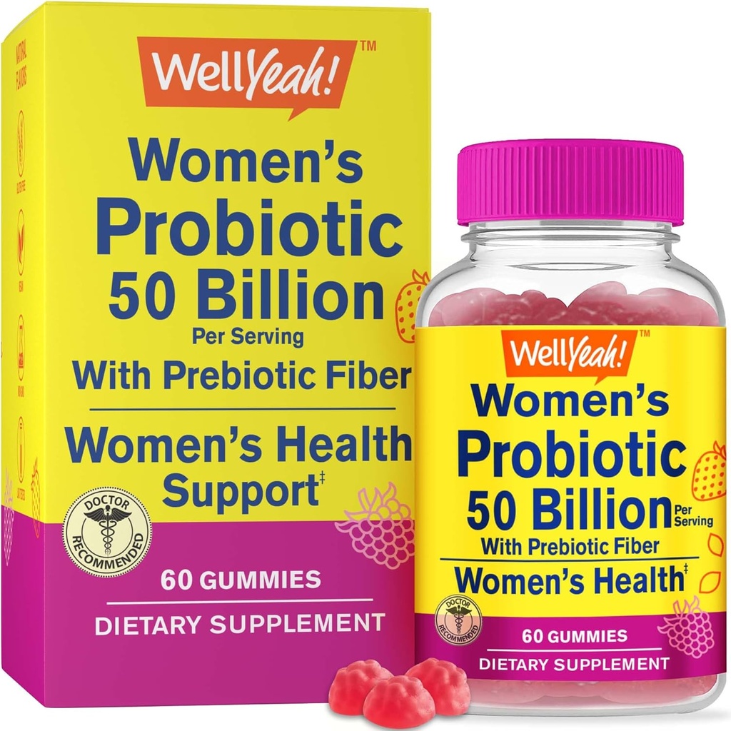 WellYeah Womens Probiotic 50 Billion Gummies 12 Strains - με Prebiotic Fiber για Digestive - Κολπικό, Digestive, ανοσοποιητικό Suport και Gut Health - Ράφι Σταθερό Probiotic Gummies - 60 Gummies