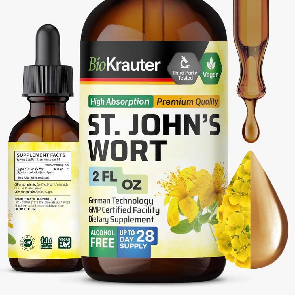 BIO KRAUTER St John's Wort Tincture - Mood Support için Hipericum Perforatum Sıvı Türleme - Yüksek Abhidrasyon - Vegan Drops 2 Fl.Oz.