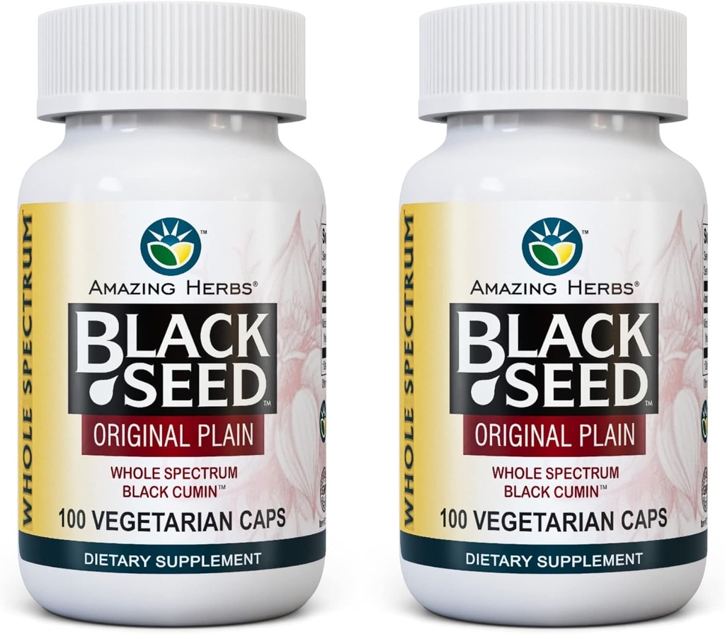 Amazing Herbs Whole Spectrum Black Seed Original Plain, Vegetarian Capsules - Gluten Free, Non GMO, Cold Pressed Nigella Sativa Aids in Digestive Health - 100 Count, 475 mg (2-Pack)