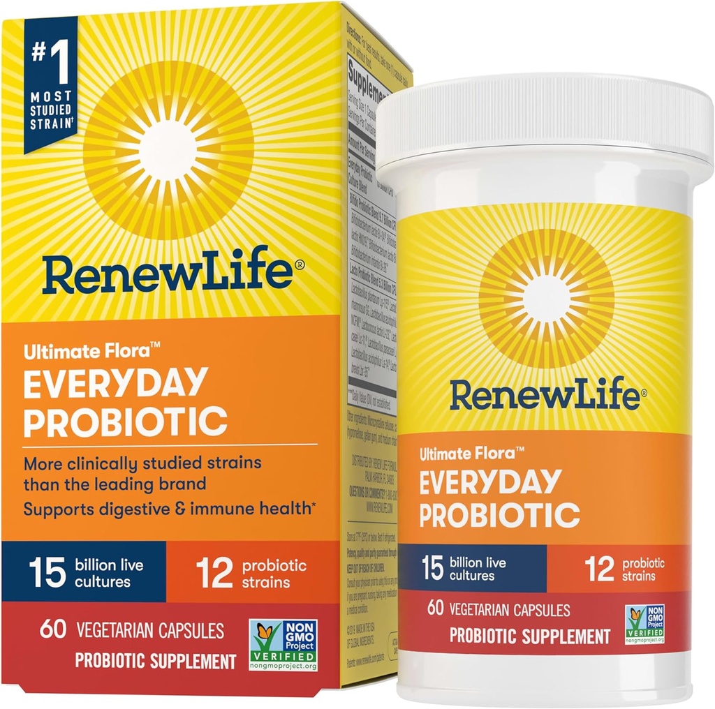 Yeni Yaşam Her gün Probiyotik Capsules, Daily Supplement Supports Urinary, Digestive and Immune Health, L. Rhamnosus GG, Süt, Soy ve glutensiz, 15 Milyar CFU, 60 Kont