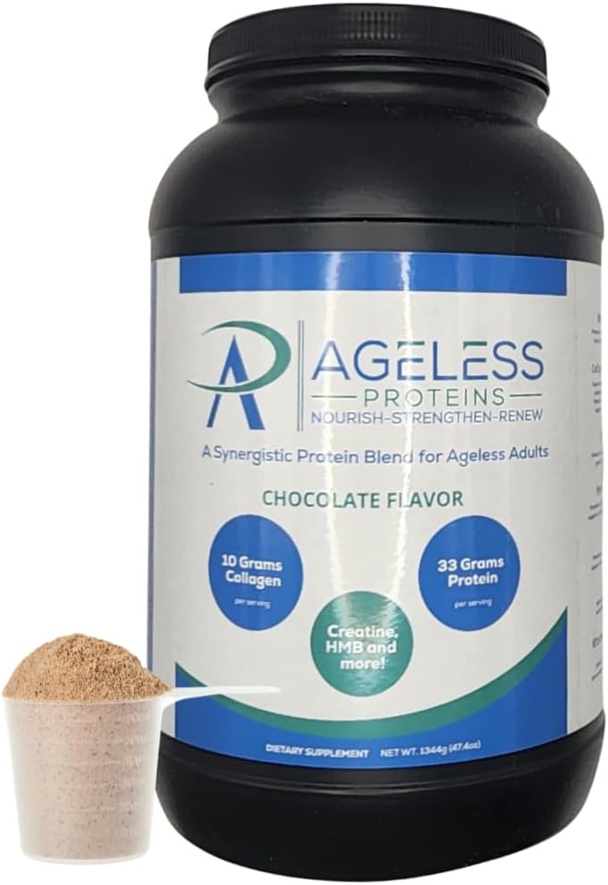 Chocolate Whey Protein Powder and Collagen Peptides for mature adults. Supports muscle building and joint health with 24g protein, creatine, HMB, and vitamins (30 Servings, Chocolate)