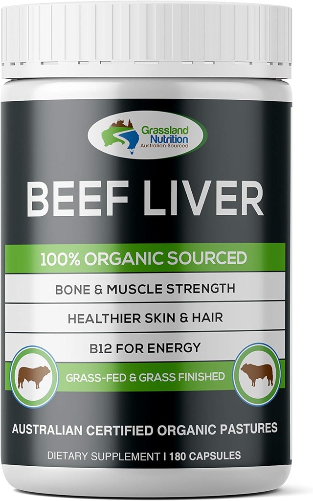 Grassland Nutrition Grass Fed Beef Liver 100% Organik Kaynaklandı - Enerji için Doğal B12, Demir & Vitamin A (180 Capsules)