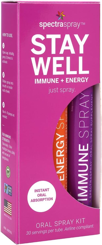 Spectraspray Travel Wellness Stay Well Kit - Immune Support & B12 Vitamin Oral Mixs Hızlı Immunity Boost & Active Form of B12 for Recovery & Energy, Vegan & Gluten Free, 30 Day Supply per Mix