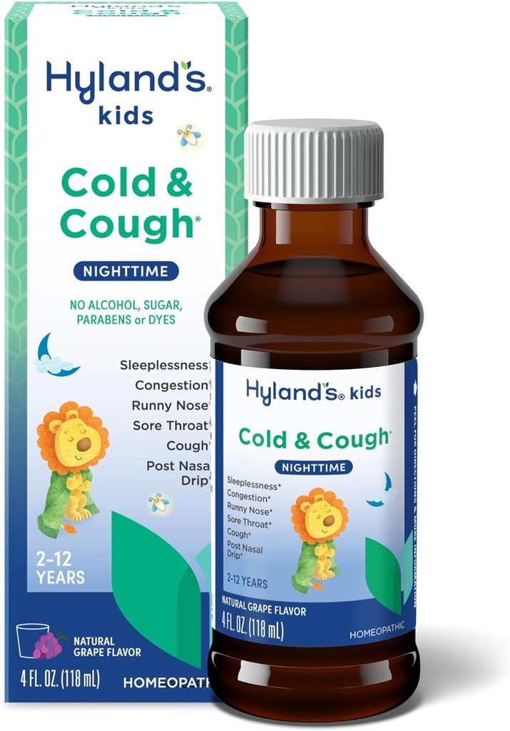 Hyland'ın Çocuklar Soğuk ve Cough, Nighttime Grape Flavor Cough Syrup Tıp 2 ve yukarı, Decongestant, Sore Throat ve Ortak Soğuk Belirtilerin Uykusuzluğu, 4 Fl Oz