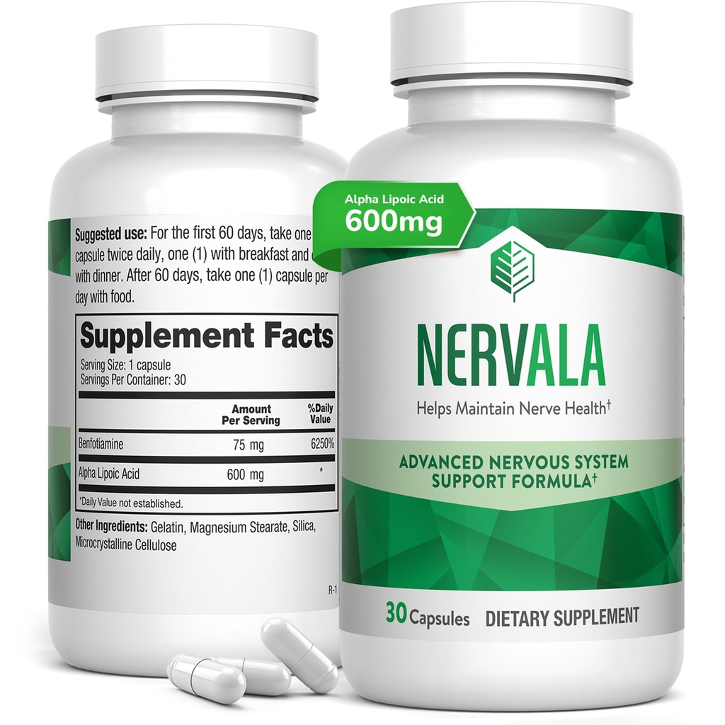 Nervala - Alpha Lipoic Acid 600 mg - ALA Supplement Antioksi for Nerve, Energy & Circulation Support- Ekstra Strength with Benfotiamine - Made in USA, Lab Tested - 30 Capsules, 1 Ay Supply