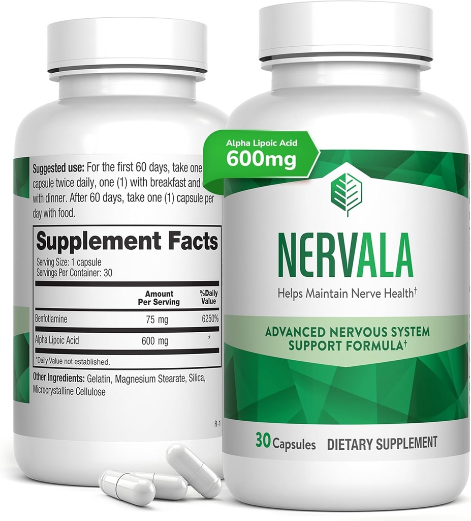 Nervala - Alpha Lipoic Acid 600mg - ALA Supplement Antioxidant for Nerve, Energy & Circulation Support- Extra Strength with Benfotiamine - Made in USA, Lab Tested - 30 Capsules, 1 Month Supply