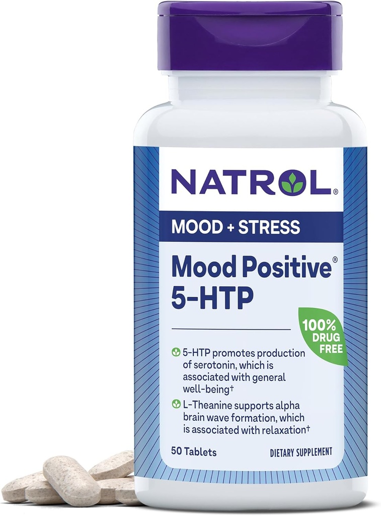 Natrol Mood Pozitif 5-HTP ve L-Theanine for Balanced Mood and Relaxation, 50 Tablet, 50 Gün Supply