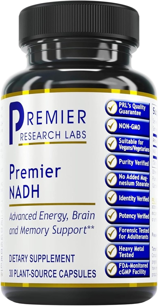 Premier Research Labs NADH - NADH συμπλήρωμα, NAD συμπλήρωμα για άνδρες & γυναίκες, Νικοτιναμίδη Αδενίνη Δινουκλεοτίδιο, γεννήτρια κυττάρων, αναπνευστική υποστήριξη - 30 κάψουλες χορτοφάγων