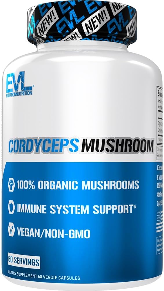 Evlution Beslenme Cordyceps Mushroom - Immune System and Heart Health Support - 500 mg Mushroom Supplement - 100 Organik, Vegan & Non-GMO - Enerji ve Performans için - 60 Hizmet