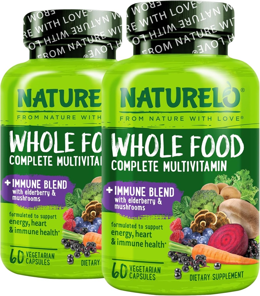 NATURELO Whole Food Multivitamin + Immune Blend with Elderberry & Mushrooms - Complete Multivitamin with Extra Immune Support - C, D3, Zinc, Elderberry, Reishi, Shitake, 60 Vegan Capsules (Pack of 2)