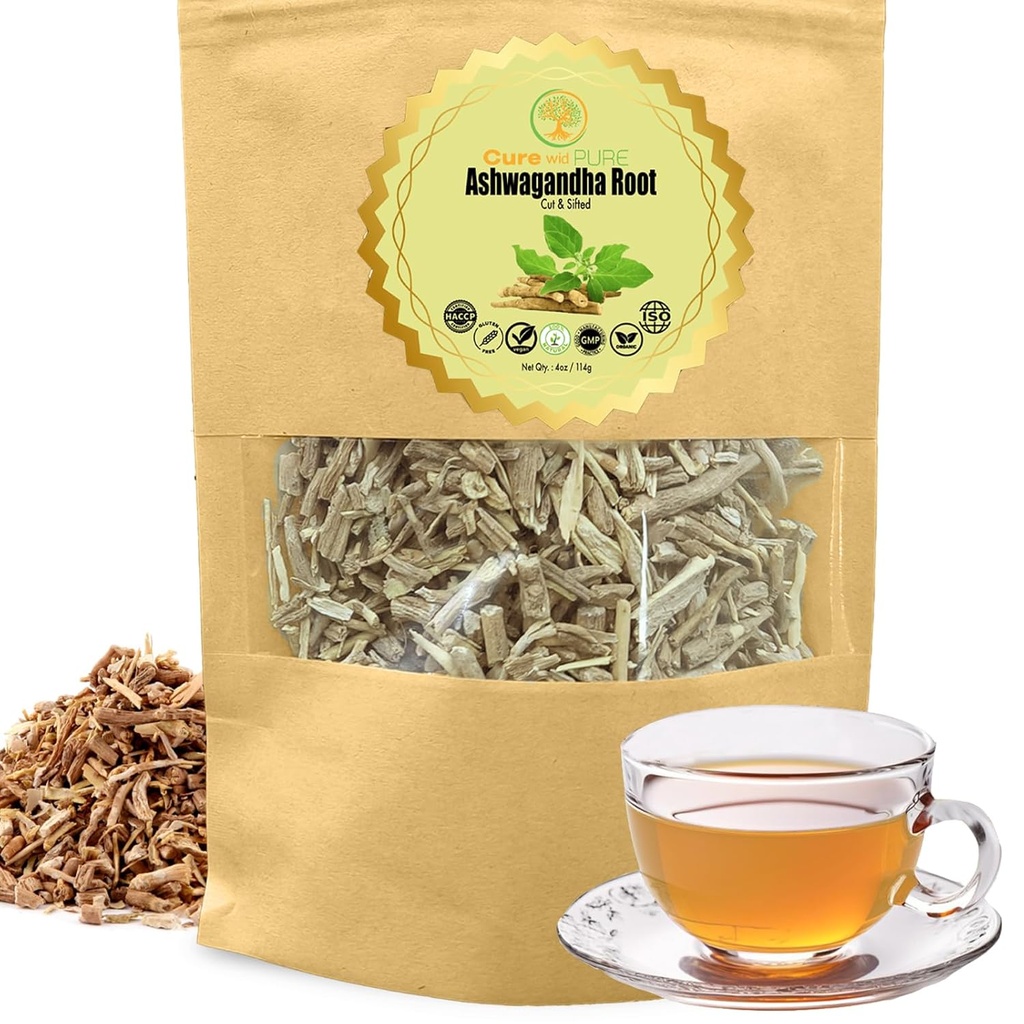 Cure wid Pure Certified Organic Ashwagandha Root Tea | Cut & Sifted 4oz Non-GMO Non-Irradiated Ashwagandha Tea for Women & Men Adaptojenik Wellness | Withania Somnifera for Herbal Infüzyon & Capsules