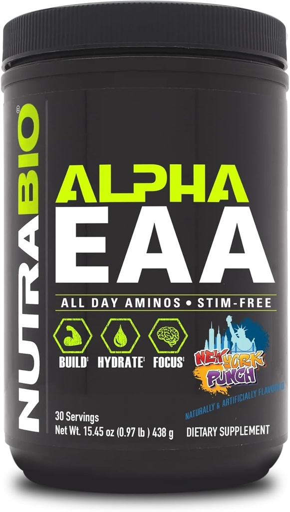 NutraBio Alpha EAA - All-Day Αμινοξέα για την ανάπτυξη των μυών και την ενυδάτωση - Essential Amino Acids with Nootropics & Adaptogens- Full Spectrum EAA BCAA Powder - 30 Servings - New York Punch