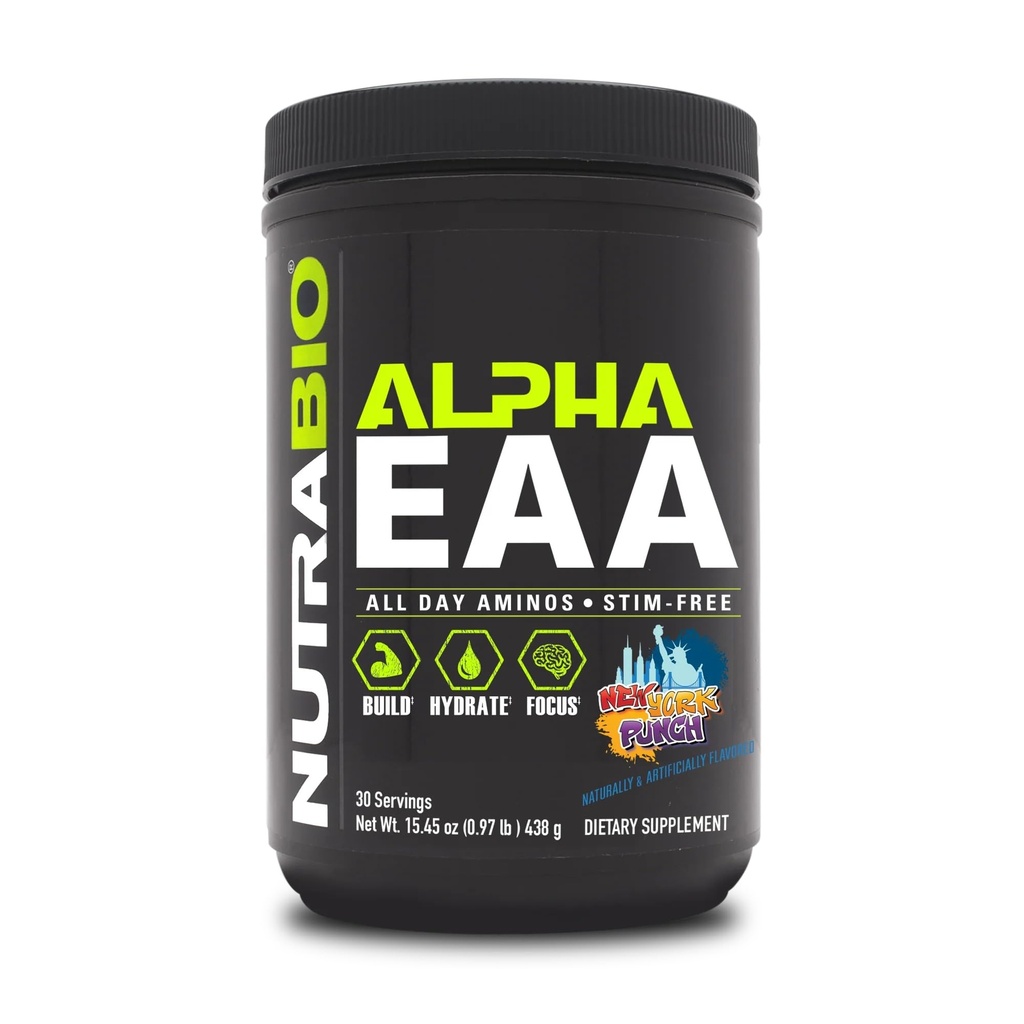 NutraBio Alpha EAA - All-Day Αμινοξέα για την ανάπτυξη των μυών και την ενυδάτωση - Essential Amino Acids with Nootropics & Adaptogens- Full Spectrum EAA BCAA Powder - 30 Servings - New York Punch