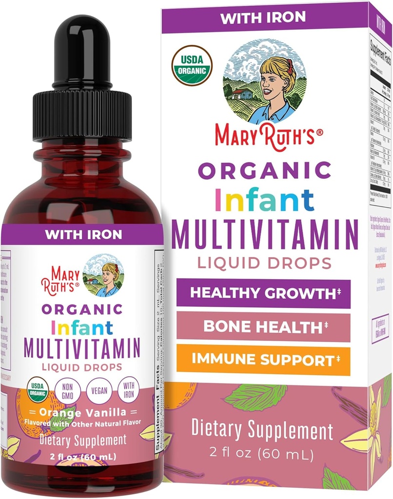 MaryRuth Organics Multivitamin with Iron for Infants | USDA Organik | Bebekler için sıvı damlalar 6-12 Ay | Immune Support & General Wellness | Vegan | Non-GMO | Gluten Free | 2 Fl Oz