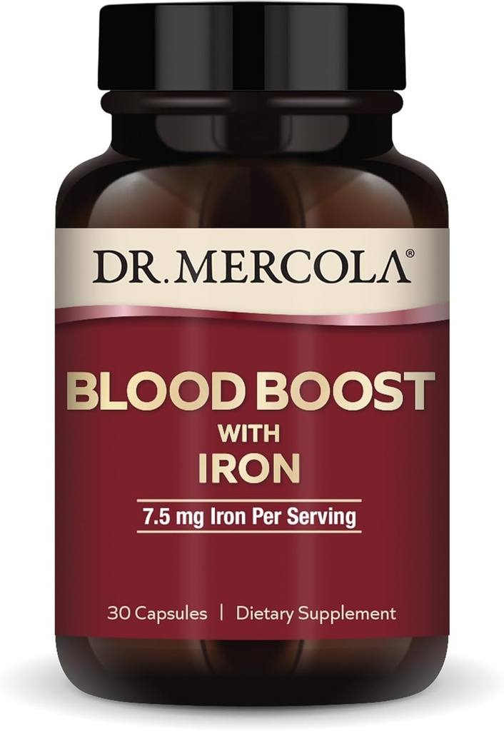 Dr. Mercola Blood Boost with Iron, 30 Capsules 7.5 mg Iron, Non-GMO, Gluten Free, Soy Free